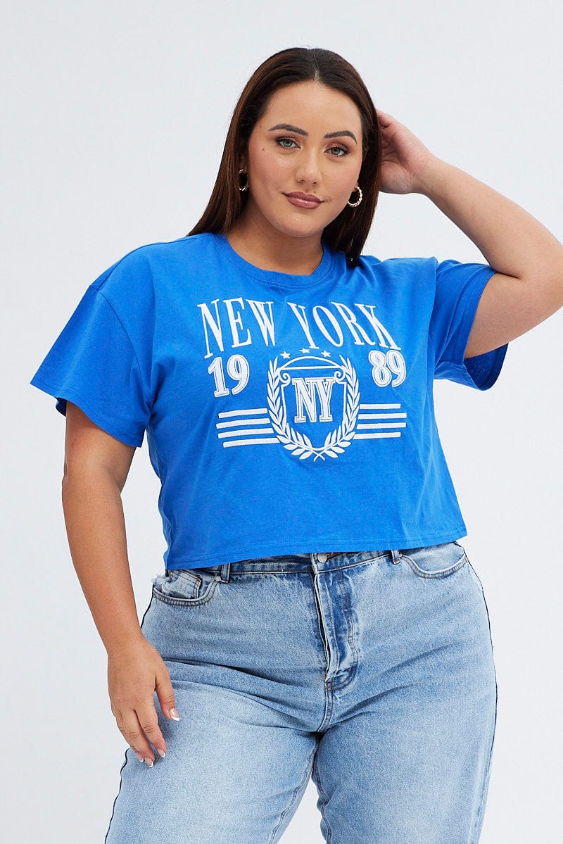 Blue Graphic T-shirt New York Crop Cotton Jersey