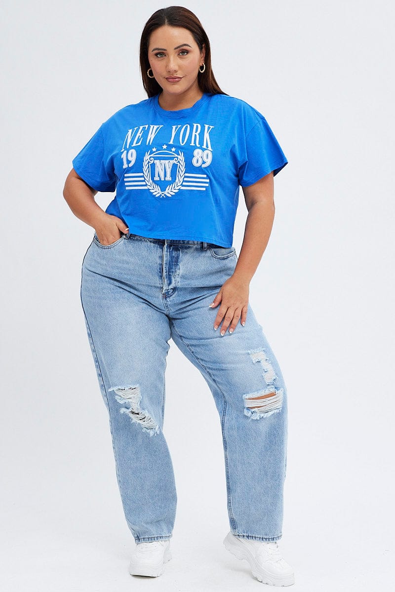 Blue Graphic T-shirt New York Crop Cotton Jersey