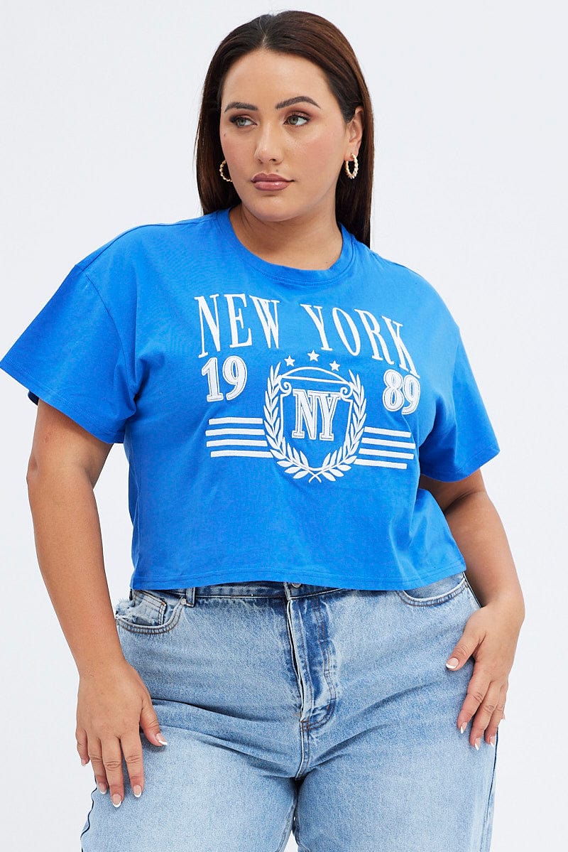 Blue Graphic T-shirt New York Crop Cotton Jersey
