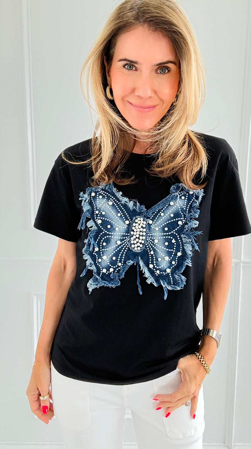 Denim Flutter Pearl Embellished Top