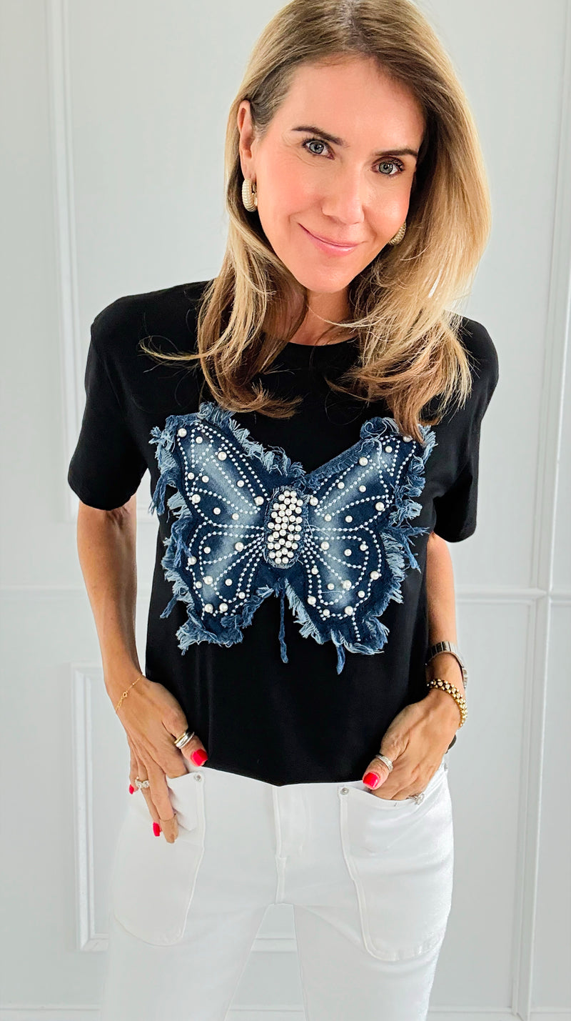Denim Flutter Pearl Embellished Top