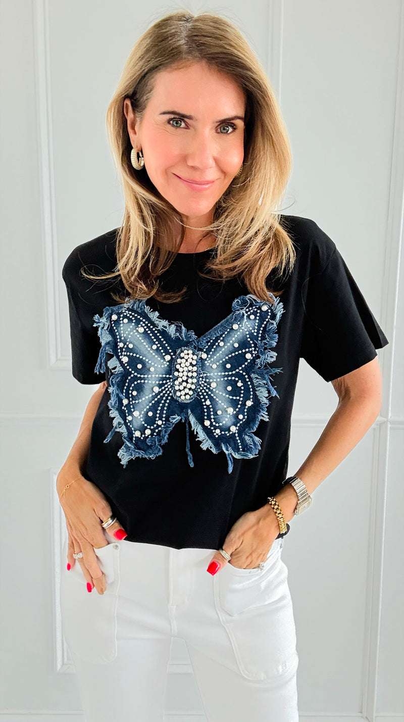 Denim Flutter Pearl Embellished Top