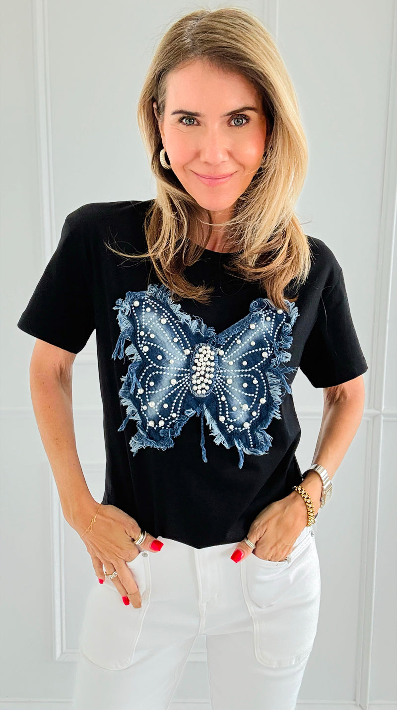 Denim Flutter Pearl Embellished Top