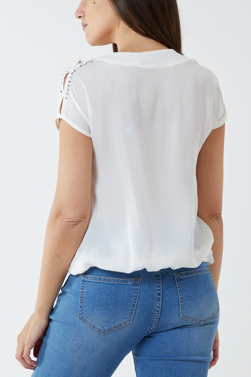 Embellished Chiffon Keyhole Sleeve Top