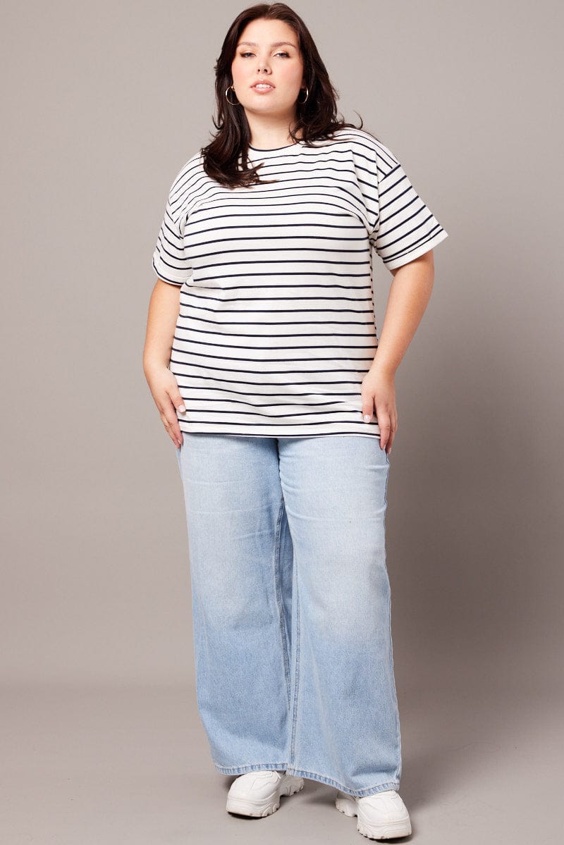 White Stripe Oversized T-shirt Short Sleeve Crew Neck