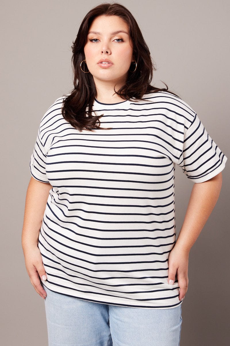 White Stripe Oversized T-shirt Short Sleeve Crew Neck
