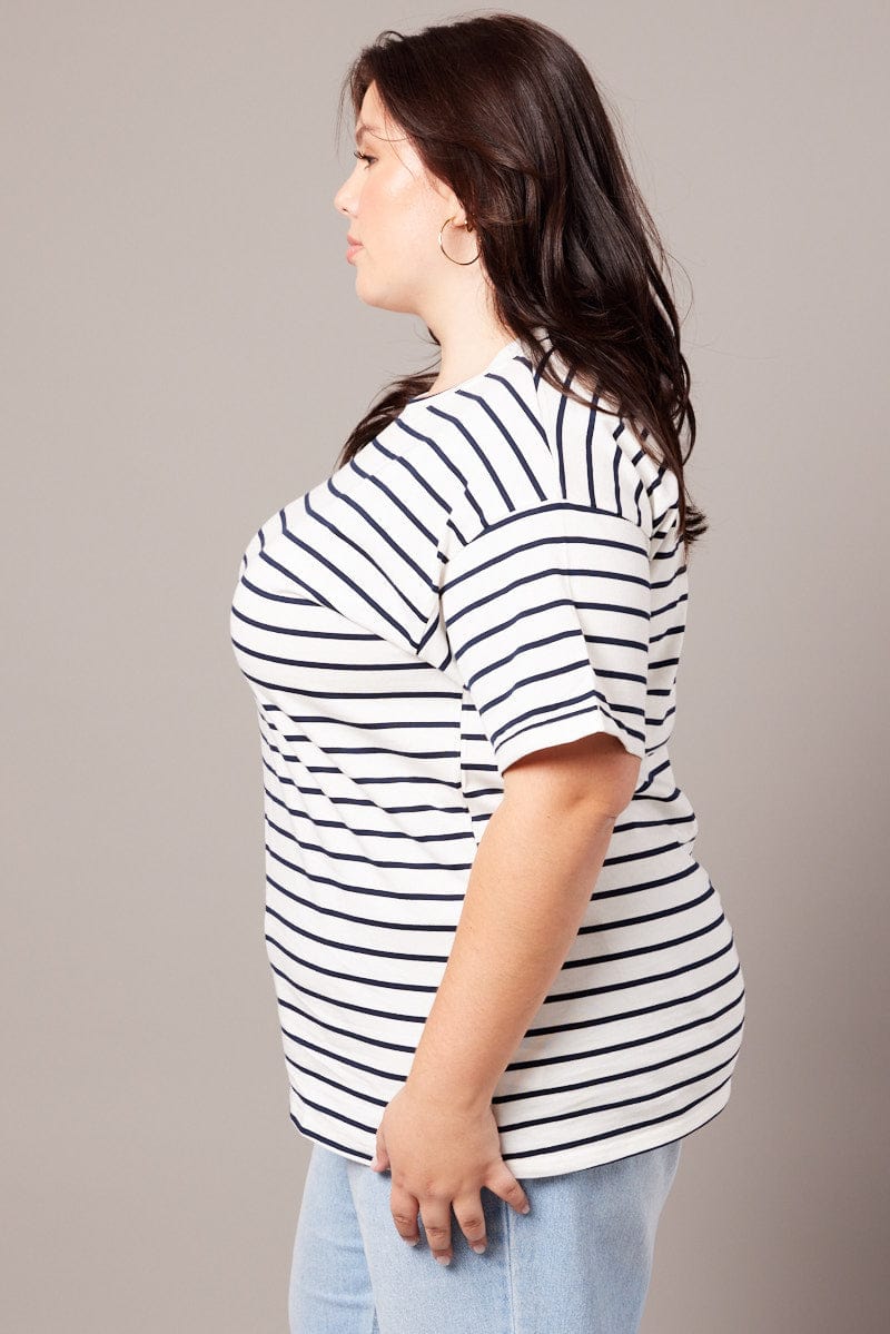 White Stripe Oversized T-shirt Short Sleeve Crew Neck