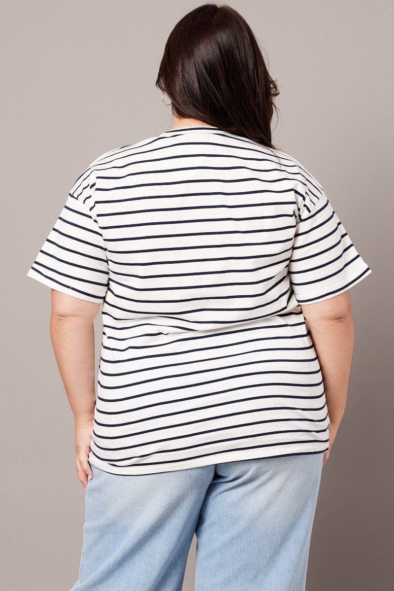 White Stripe Oversized T-shirt Short Sleeve Crew Neck
