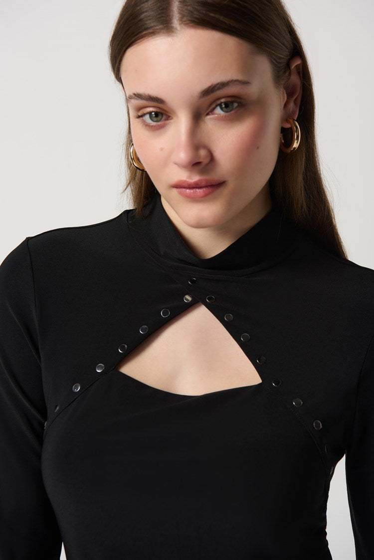 Silky Knit Top With Embellished Cutout Neckline 234195