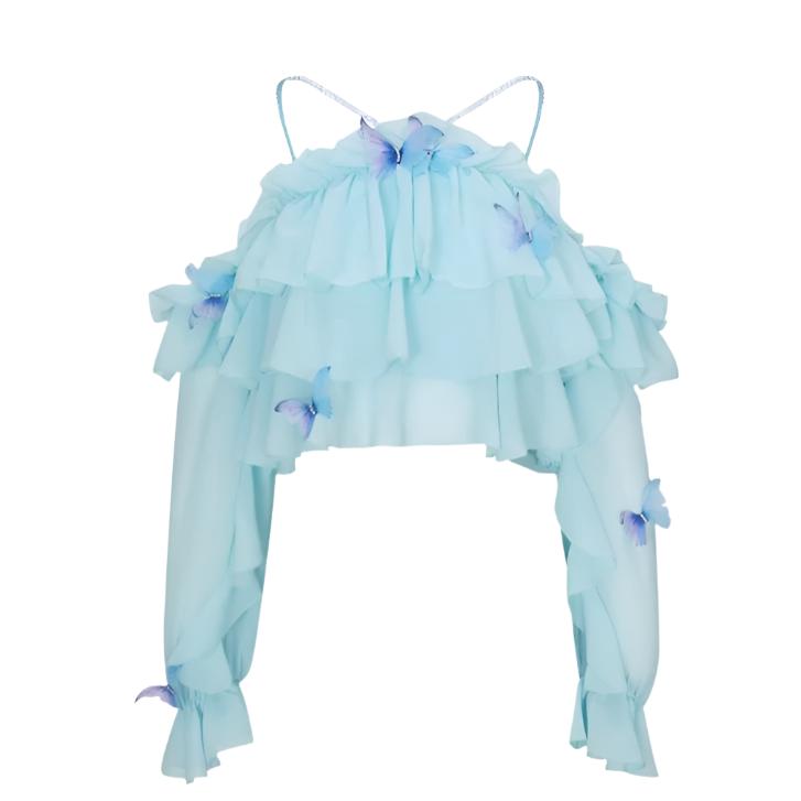 June Eleven Ruffle Embellished Butterfly Off-Shoulder Crop Top
