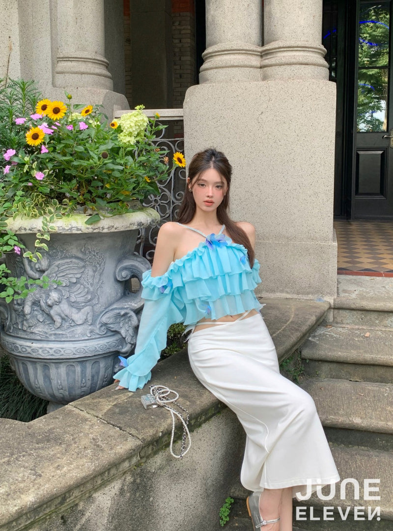 June Eleven Ruffle Embellished Butterfly Off-Shoulder Crop Top
