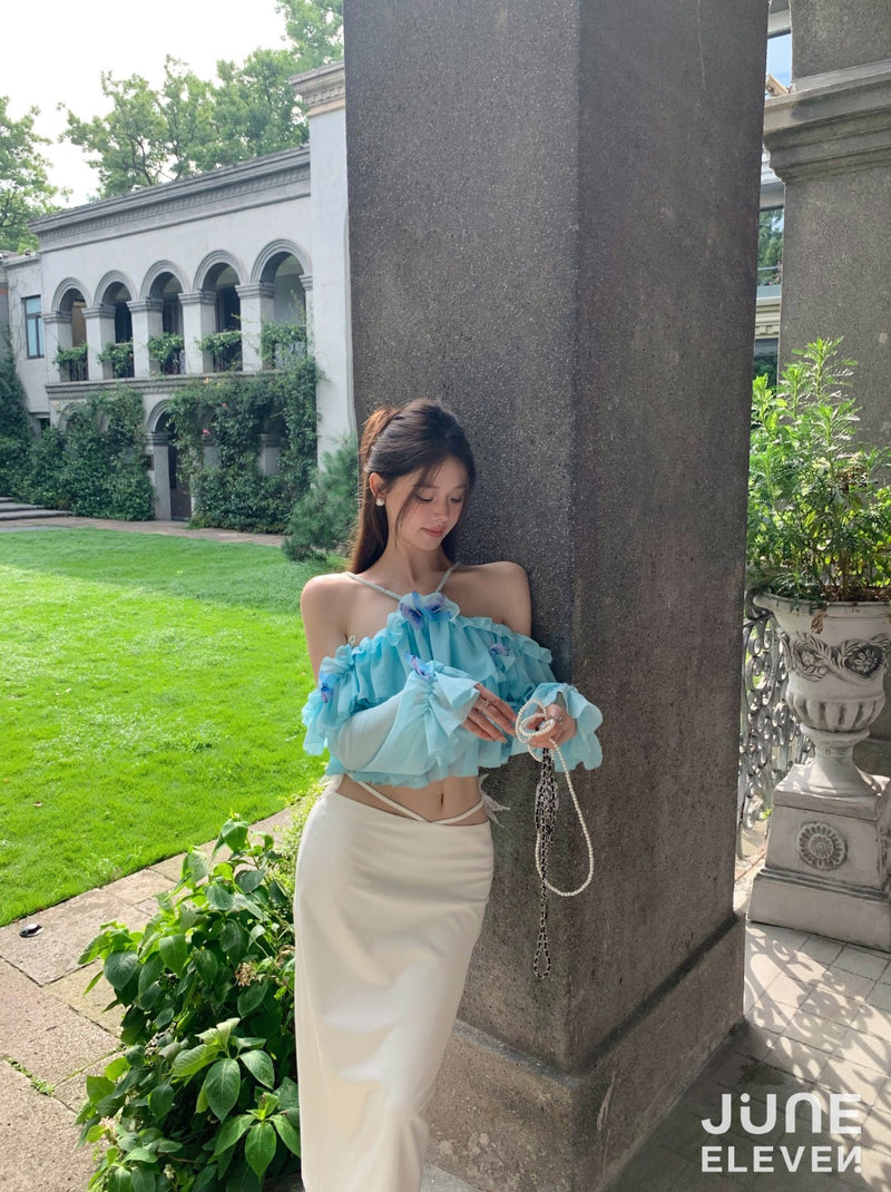 June Eleven Ruffle Embellished Butterfly Off-Shoulder Crop Top