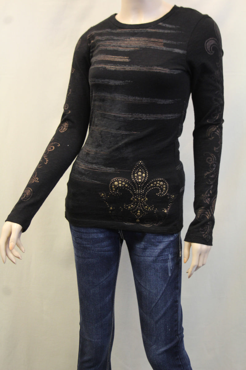 Vocal | Embellished Long Sleeve with Fleur De Lis Top