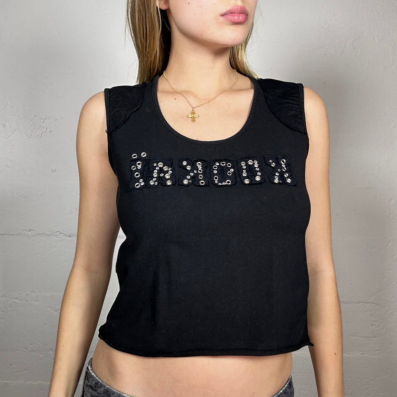 Vintage 2000's Sleaze Black Sleeveless Top with Embellished Detail (S)