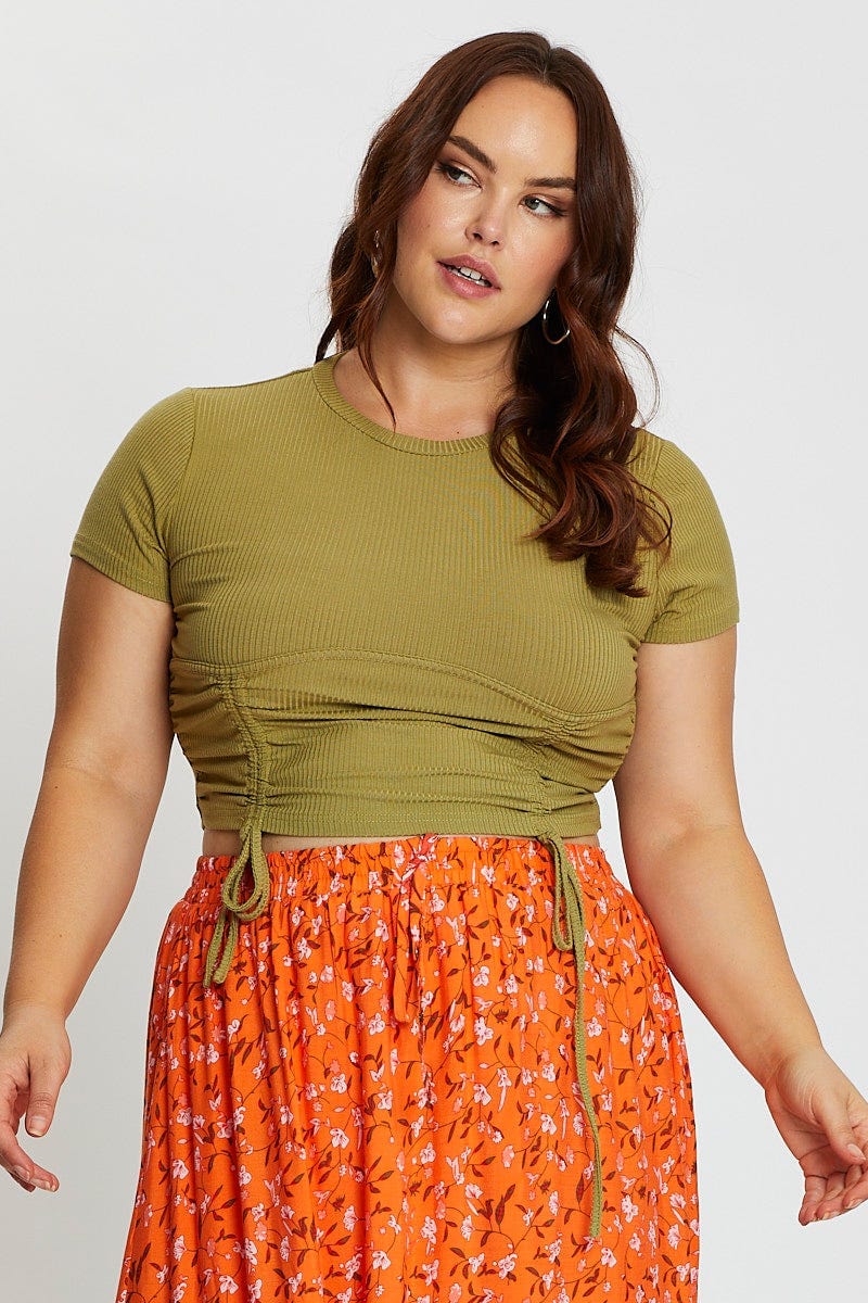 Green Short Sleeve Drawstring Jersey Top