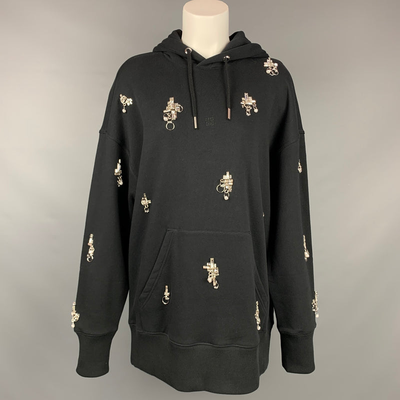 GIVENCHY SS 2021 Size XS Black Crystal Embellishment Cotton Oversized Hooded Pullover