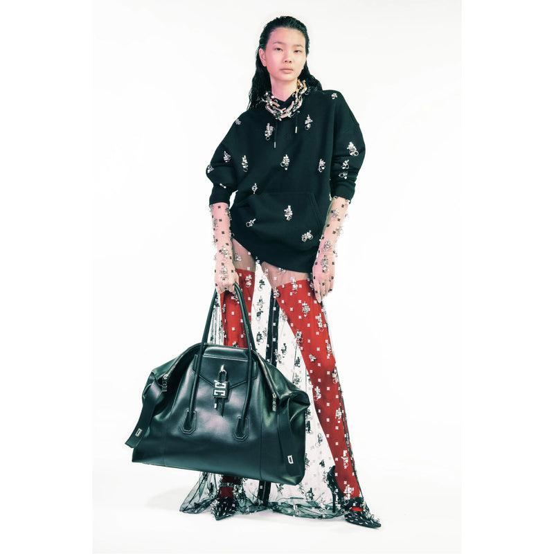 GIVENCHY SS 2021 Size XS Black Crystal Embellishment Cotton Oversized Hooded Pullover