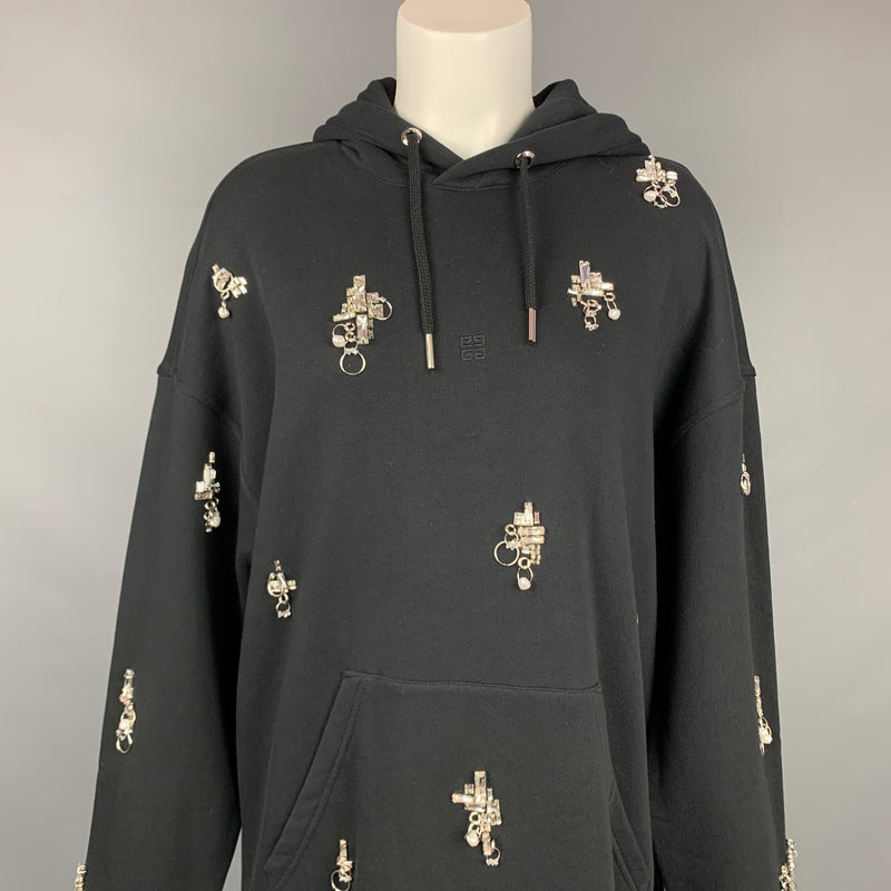 GIVENCHY SS 2021 Size XS Black Crystal Embellishment Cotton Oversized Hooded Pullover