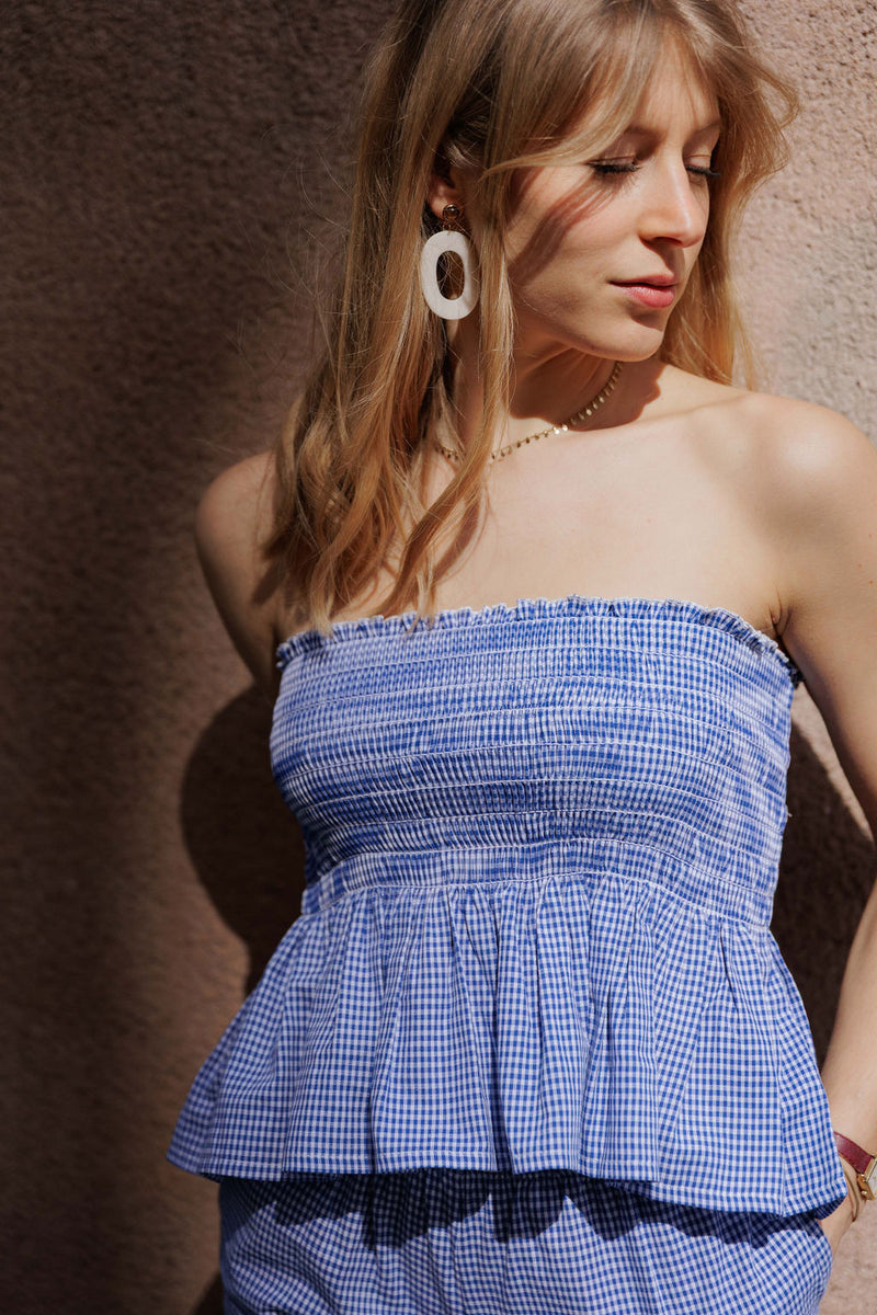 Haut bandeau smocké - Vichy bleu marine