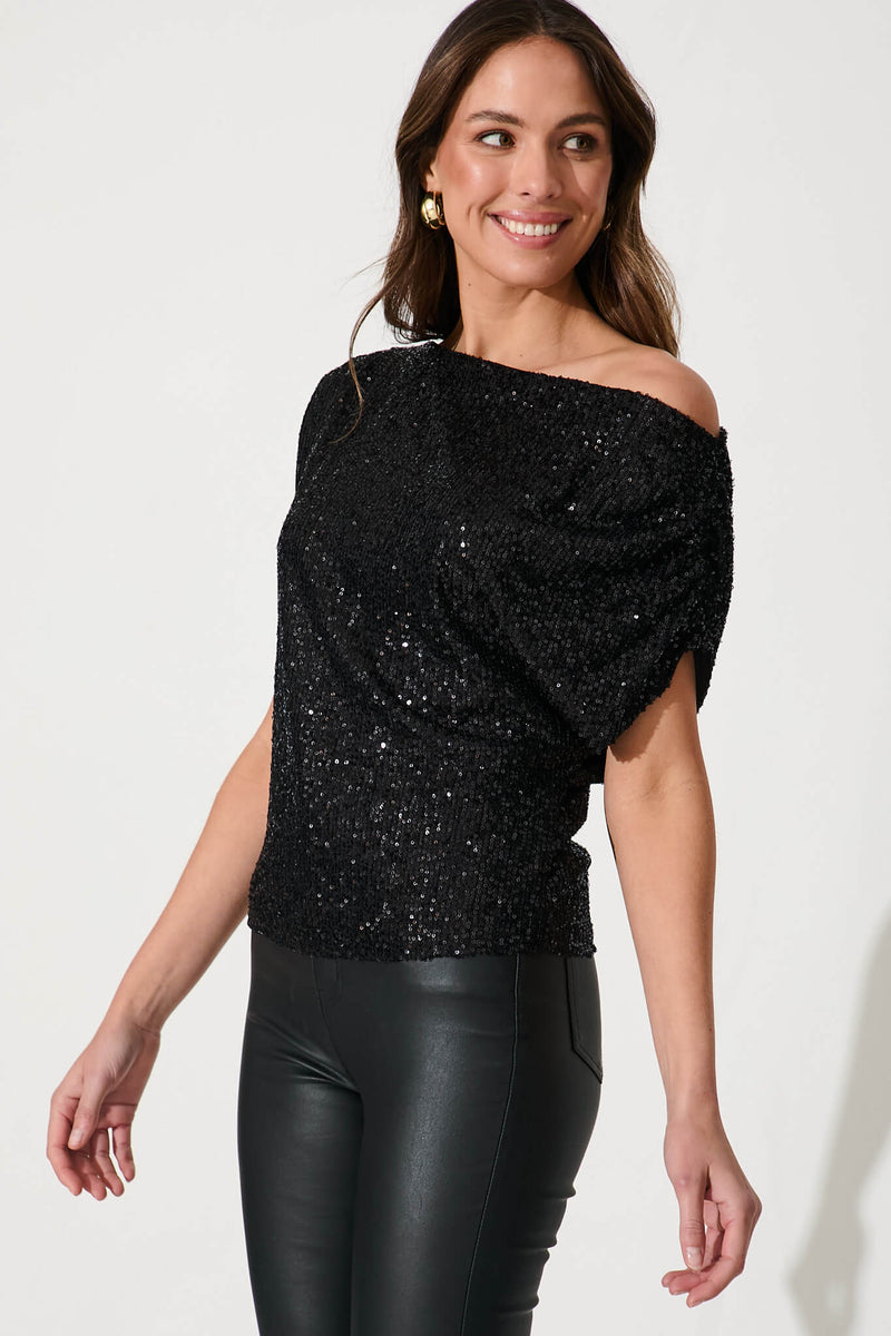 Liana Off Shoulder Top in Black Sequin
