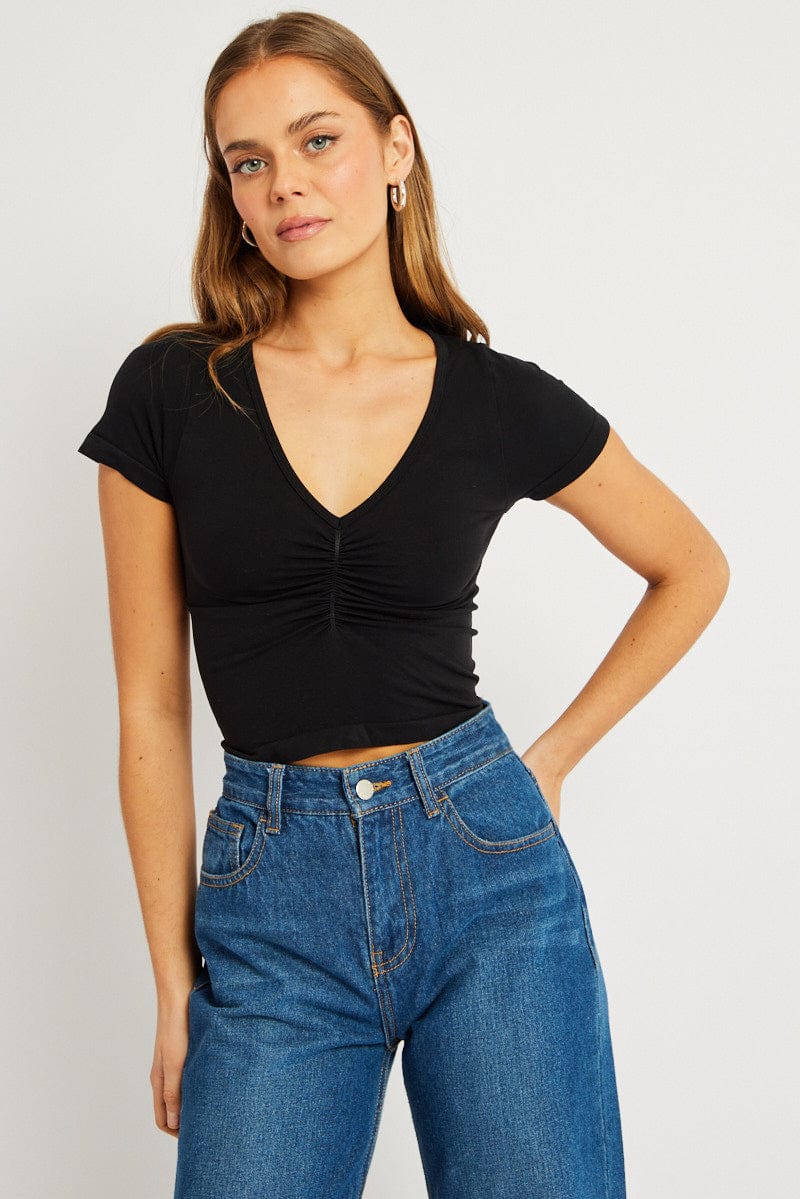 Black T shirt Short Sleeve V Neck Seamless