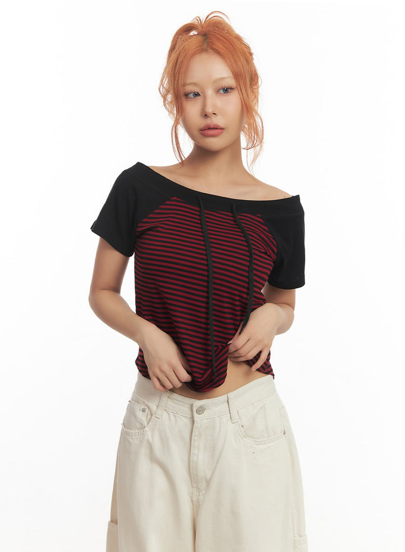 Stripe Off-Shoulder Hooded Top IA517