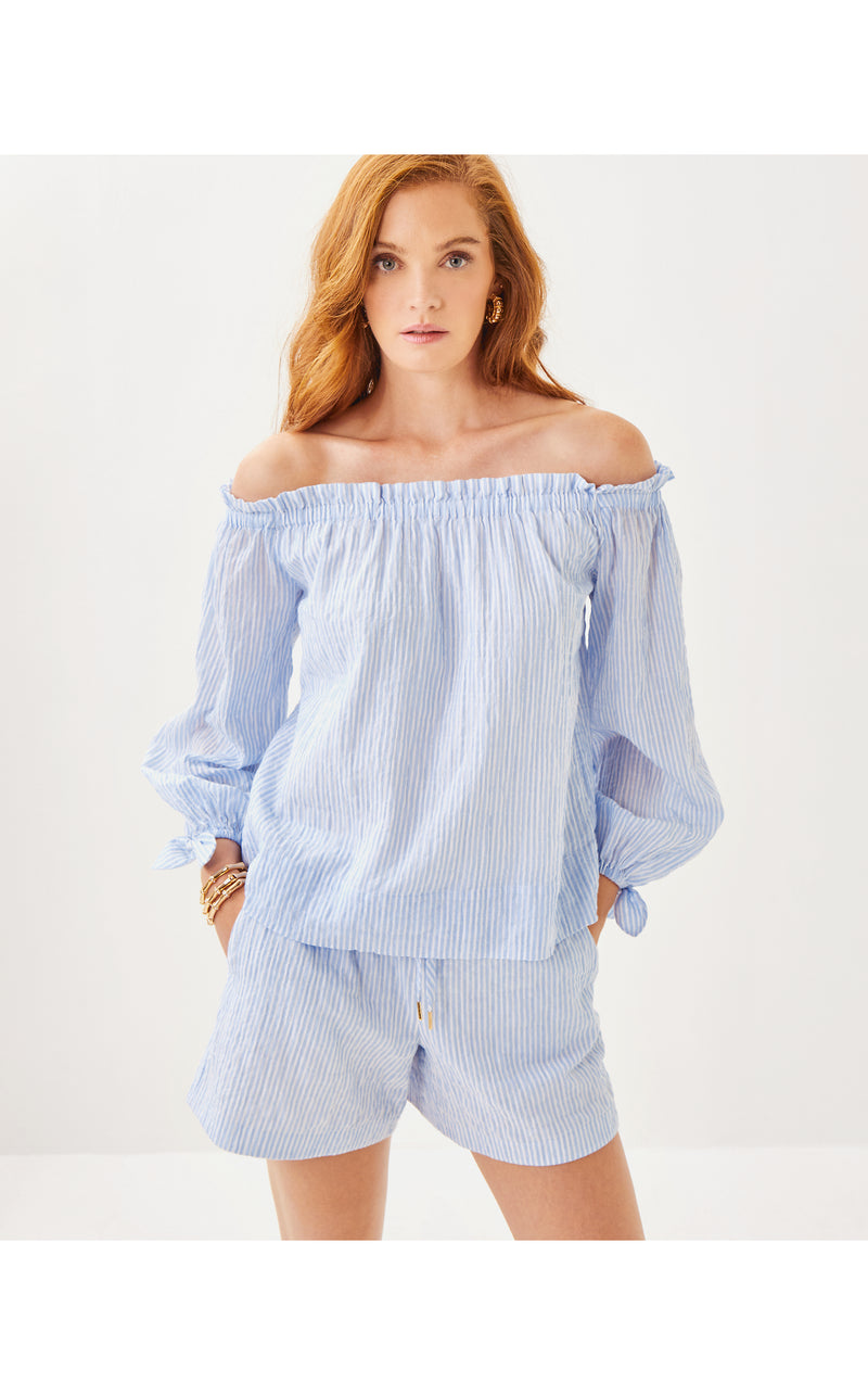 Jamielynn Long Sleeve Off the Shoulder Top - Jacaranda Blue Ltwt Oxford Stripe
