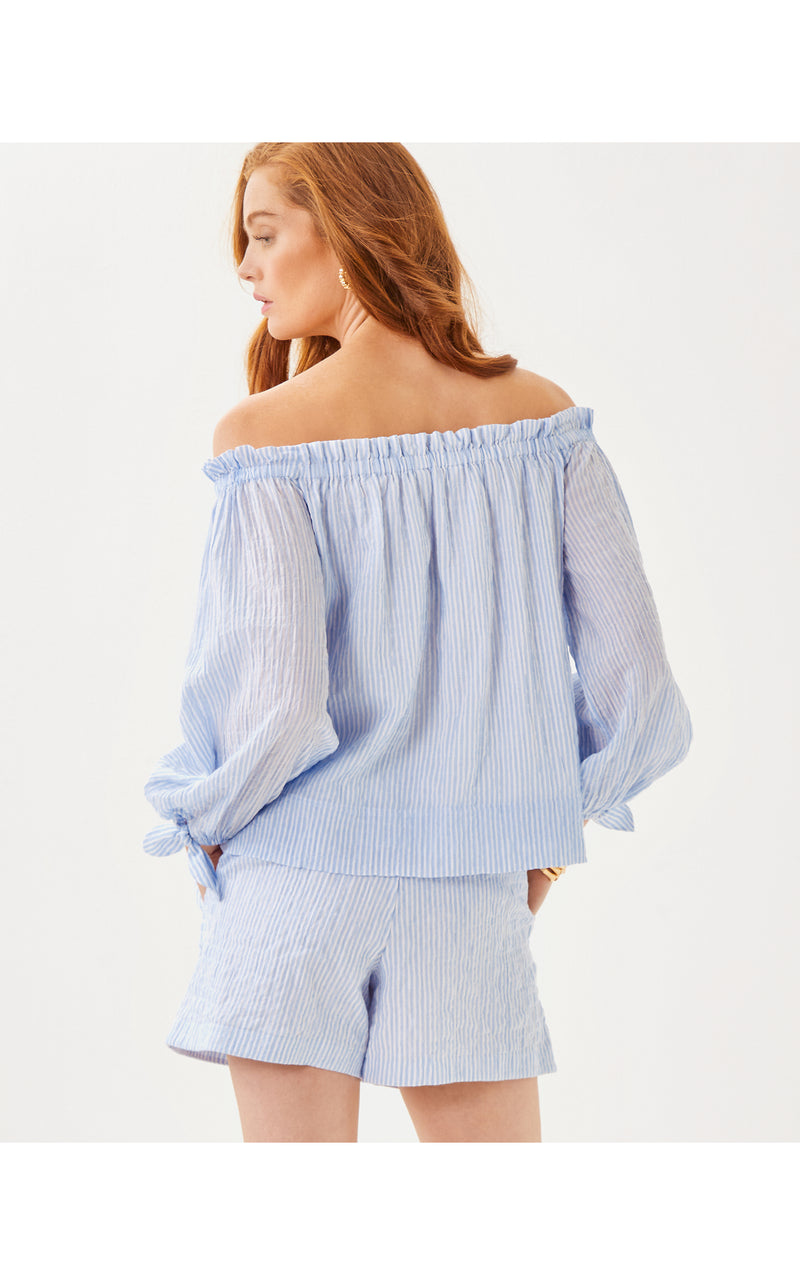 Jamielynn Long Sleeve Off the Shoulder Top - Jacaranda Blue Ltwt Oxford Stripe