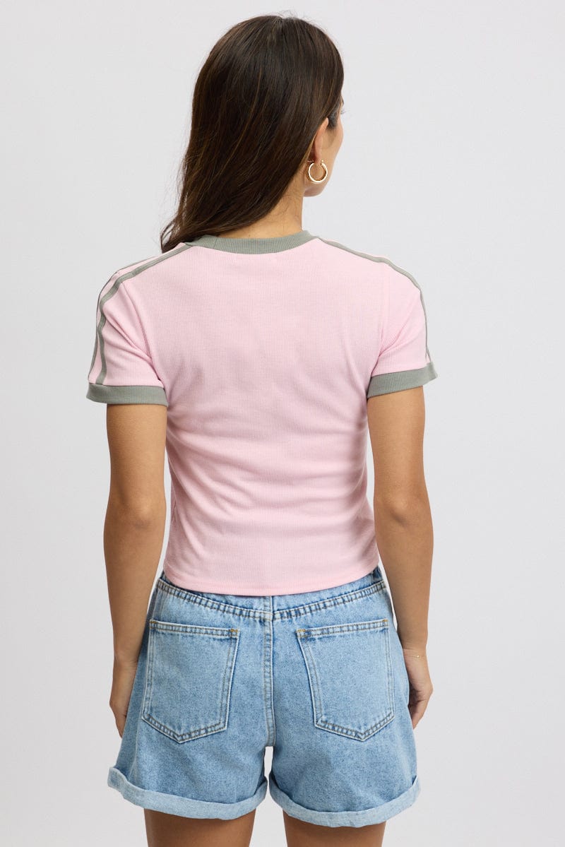 Pink Graphic Tee Short Sleeve Contrast Binding