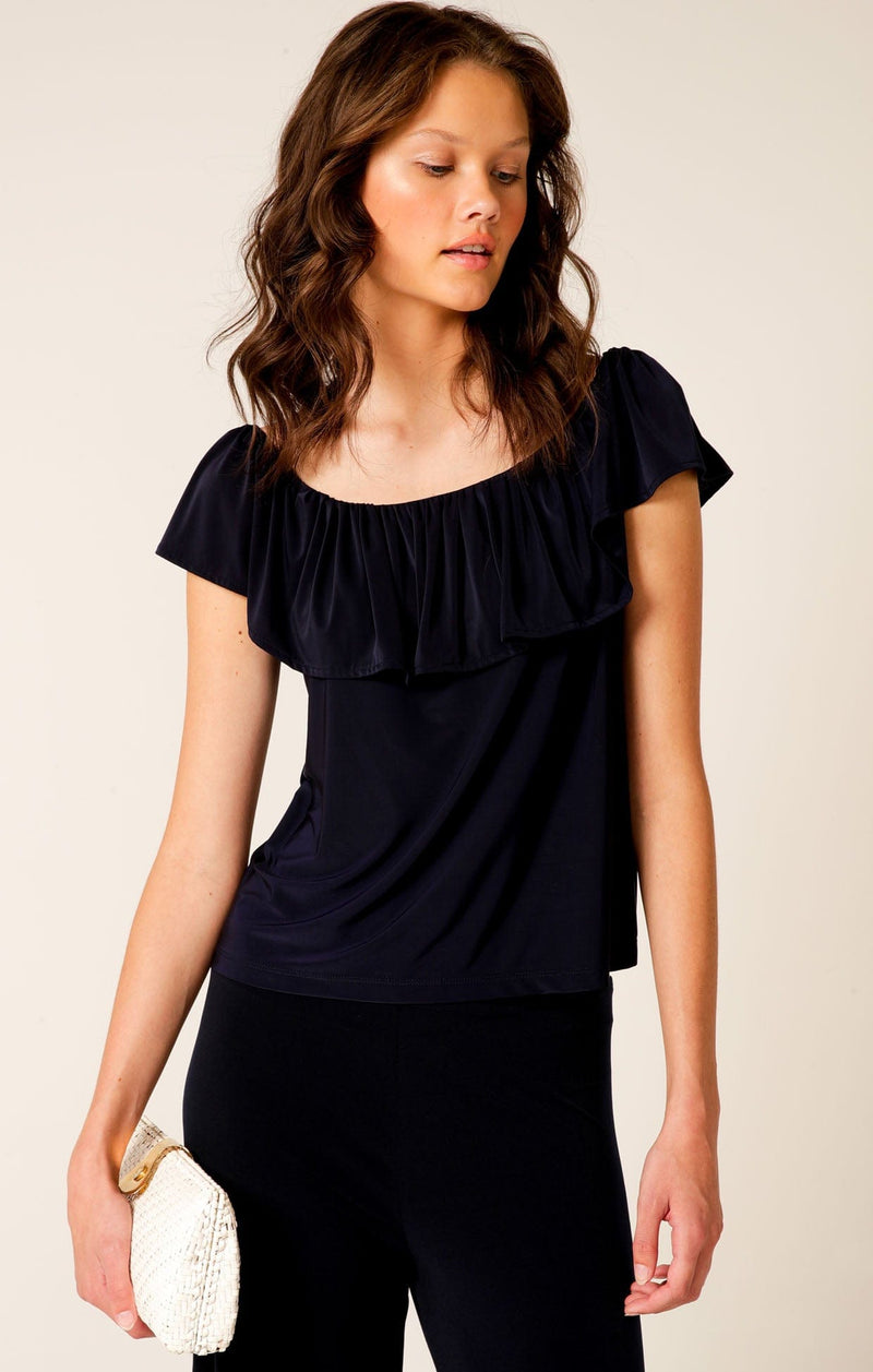 OFF SHOULDER FRILL TOP IN NAVY