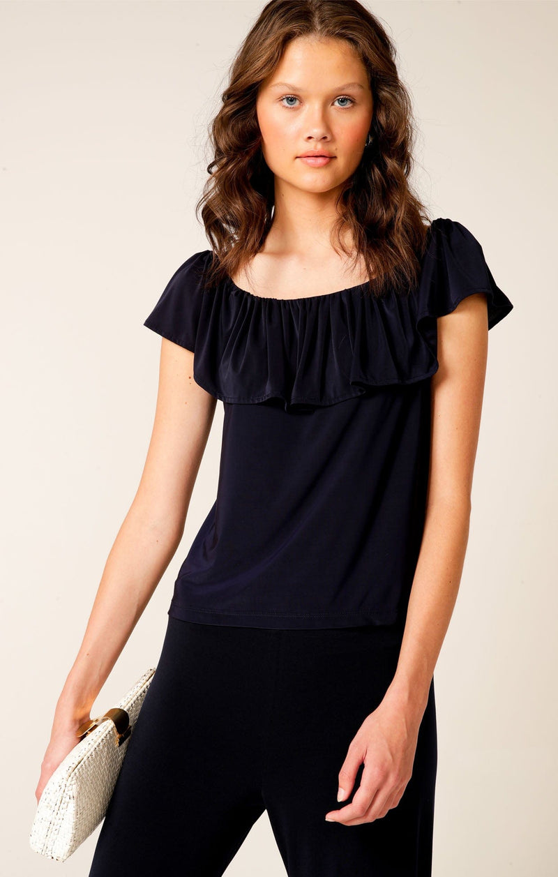 OFF SHOULDER FRILL TOP IN NAVY