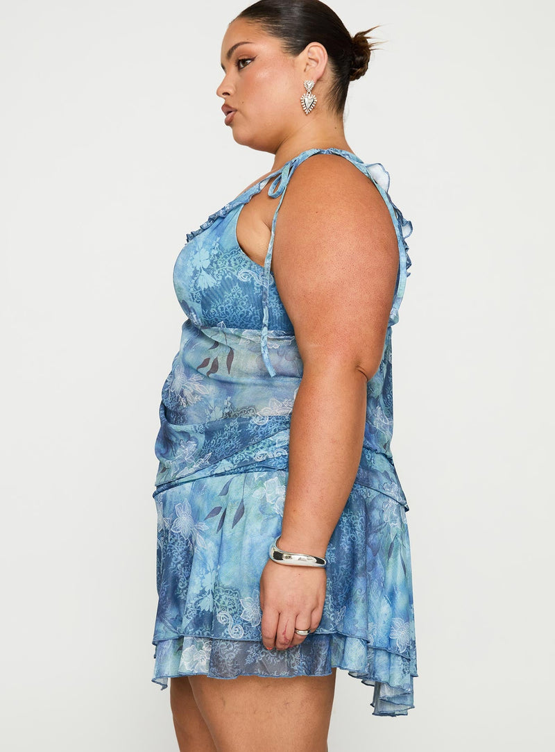 Rosee Off Shoulder Frill Top Blue Mutli Curve
