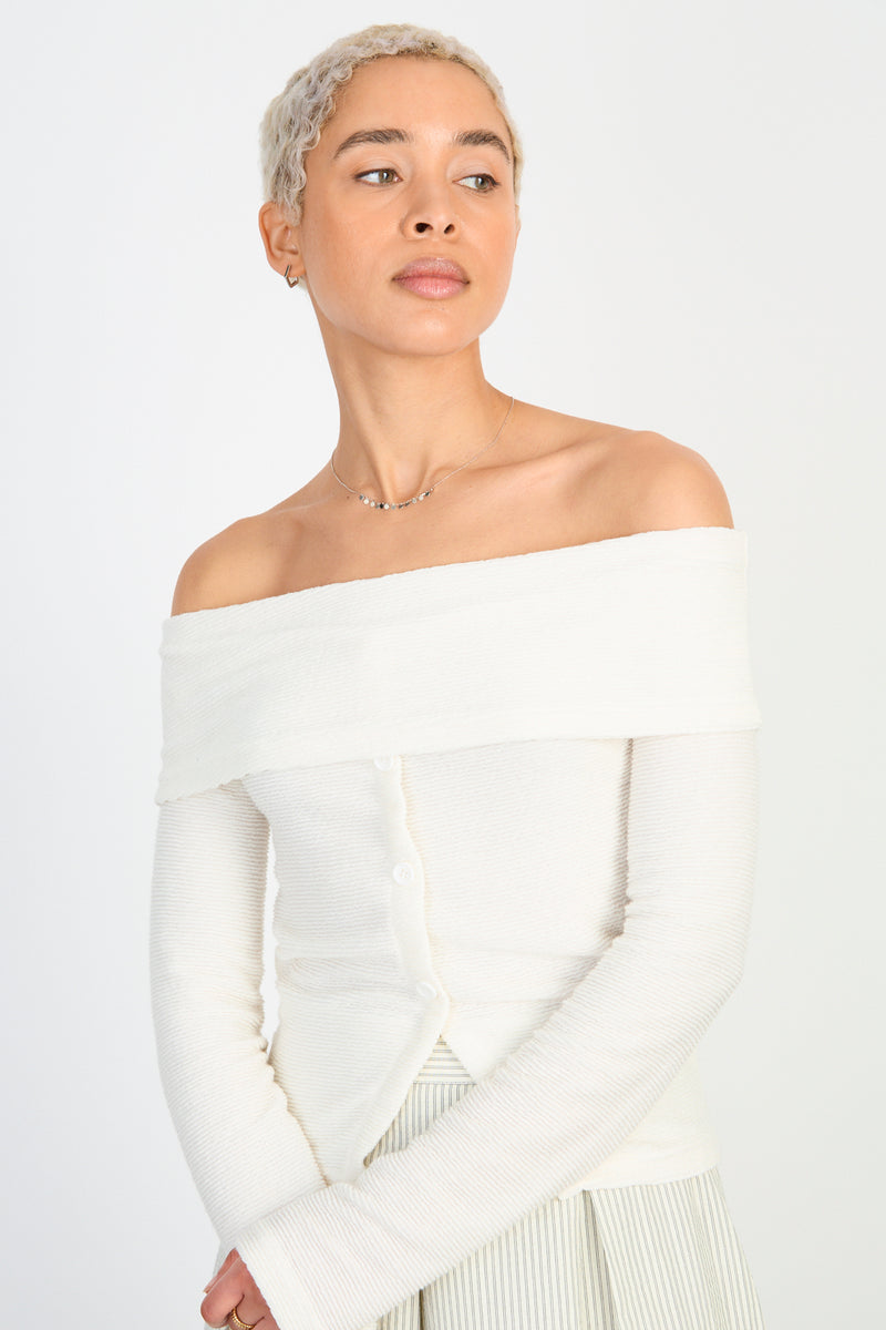 Ivory off shoulder button front top