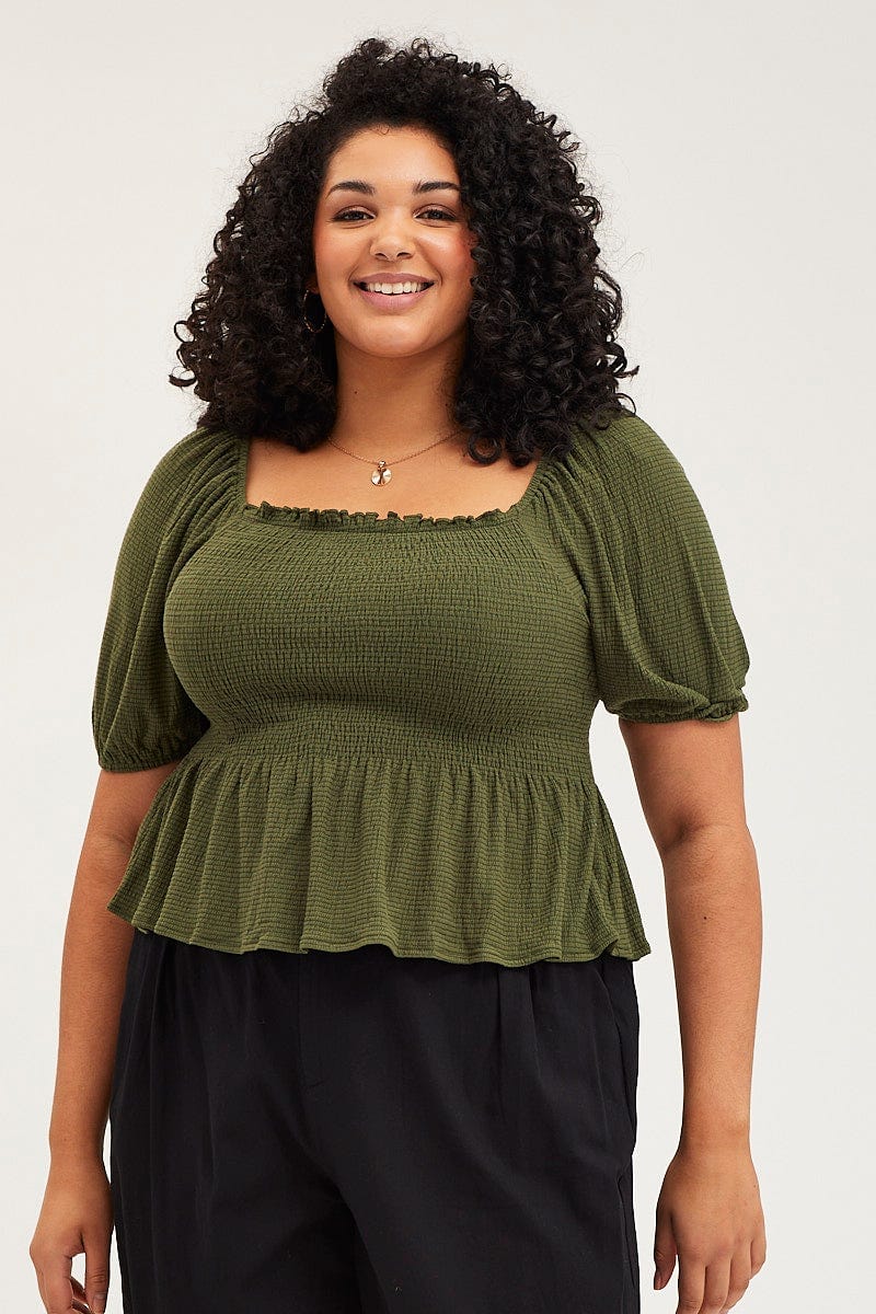 Green Peplum Top Off The Shoulder Puff Sleeve Shirred