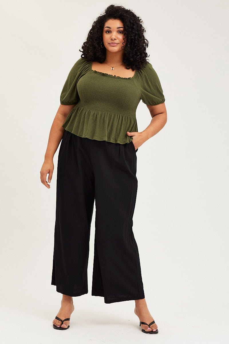 Green Peplum Top Off The Shoulder Puff Sleeve Shirred
