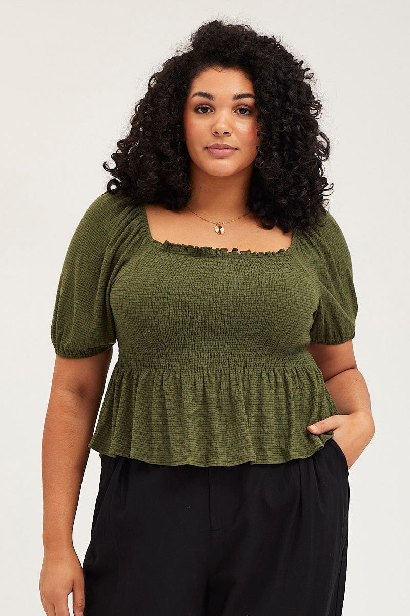 Green Peplum Top Off The Shoulder Puff Sleeve Shirred