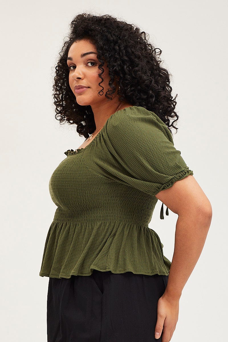 Green Peplum Top Off The Shoulder Puff Sleeve Shirred
