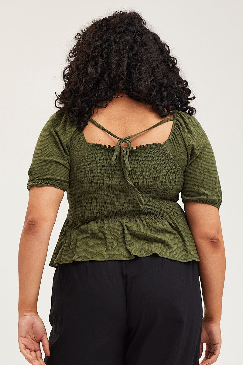 Green Peplum Top Off The Shoulder Puff Sleeve Shirred