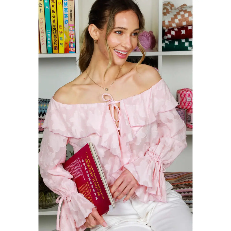 4992-OFF SHOULDER FLORAL JACQUARD TOP-PINK
