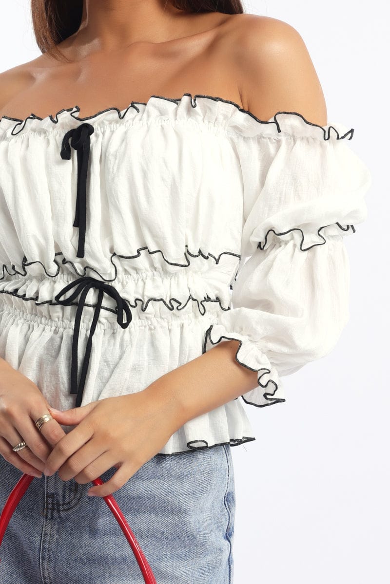 White Off Shoulder Top Mid Sleeve Gathered Detail
