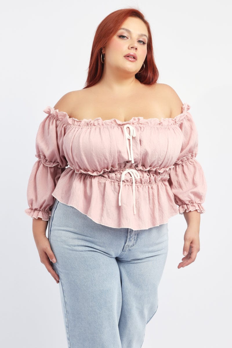 Pink Crop Top Off Shoulder 3/4 Sleeve Contrast Bow