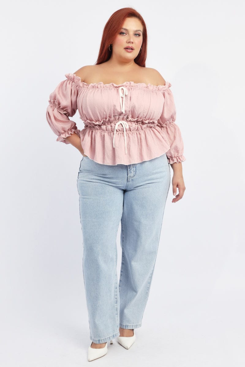 Pink Crop Top Off Shoulder 3/4 Sleeve Contrast Bow