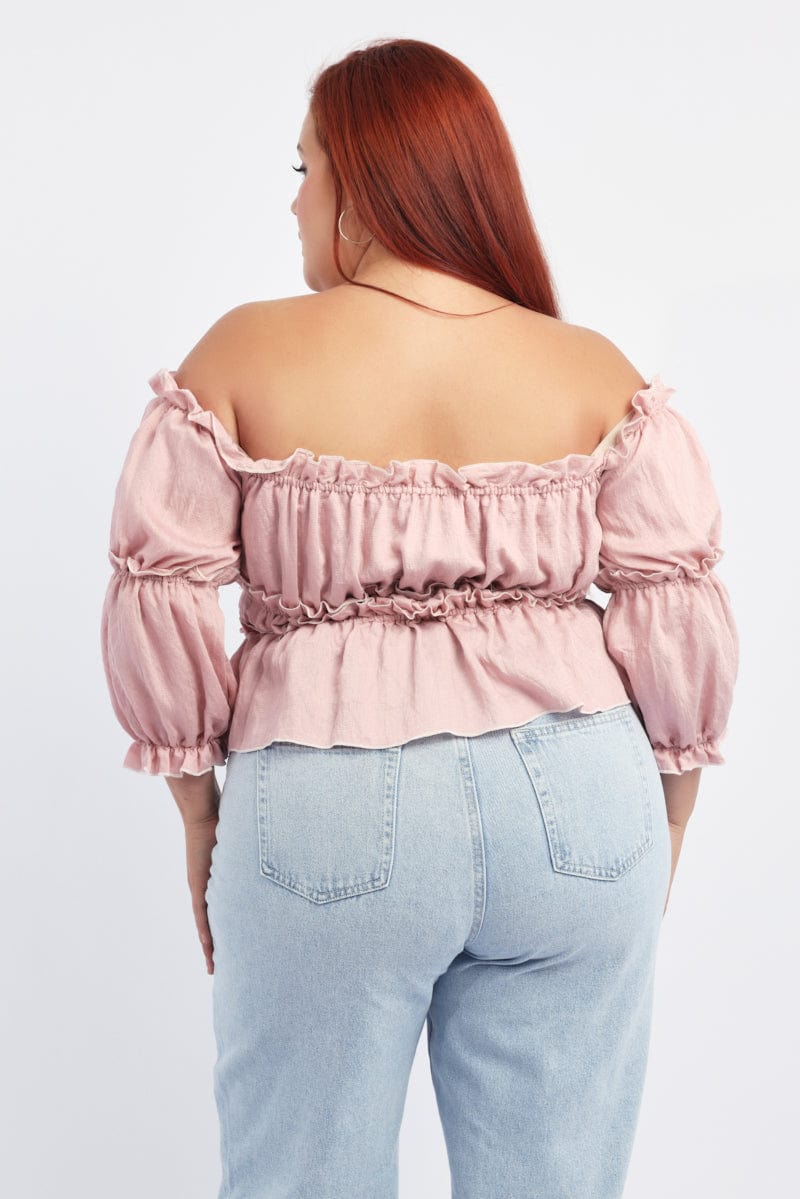 Pink Crop Top Off Shoulder 3/4 Sleeve Contrast Bow