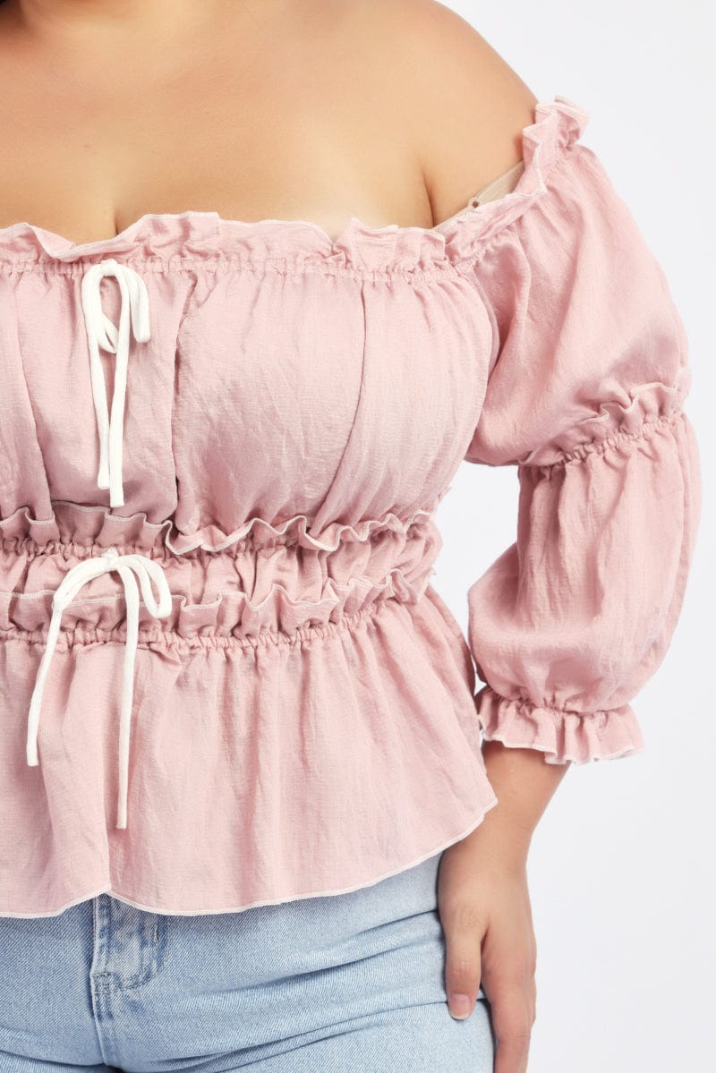 Pink Crop Top Off Shoulder 3/4 Sleeve Contrast Bow