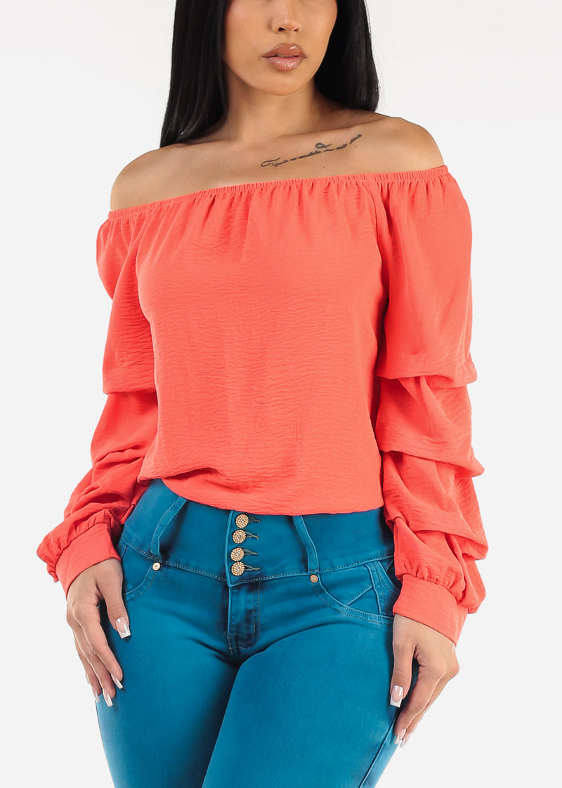 Off Shoulder Long Sleeve Top Coral