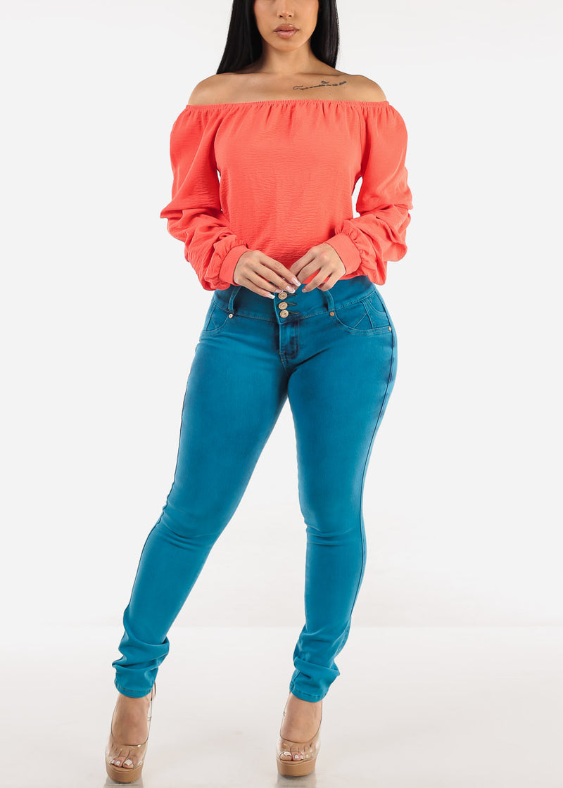 Off Shoulder Long Sleeve Top Coral
