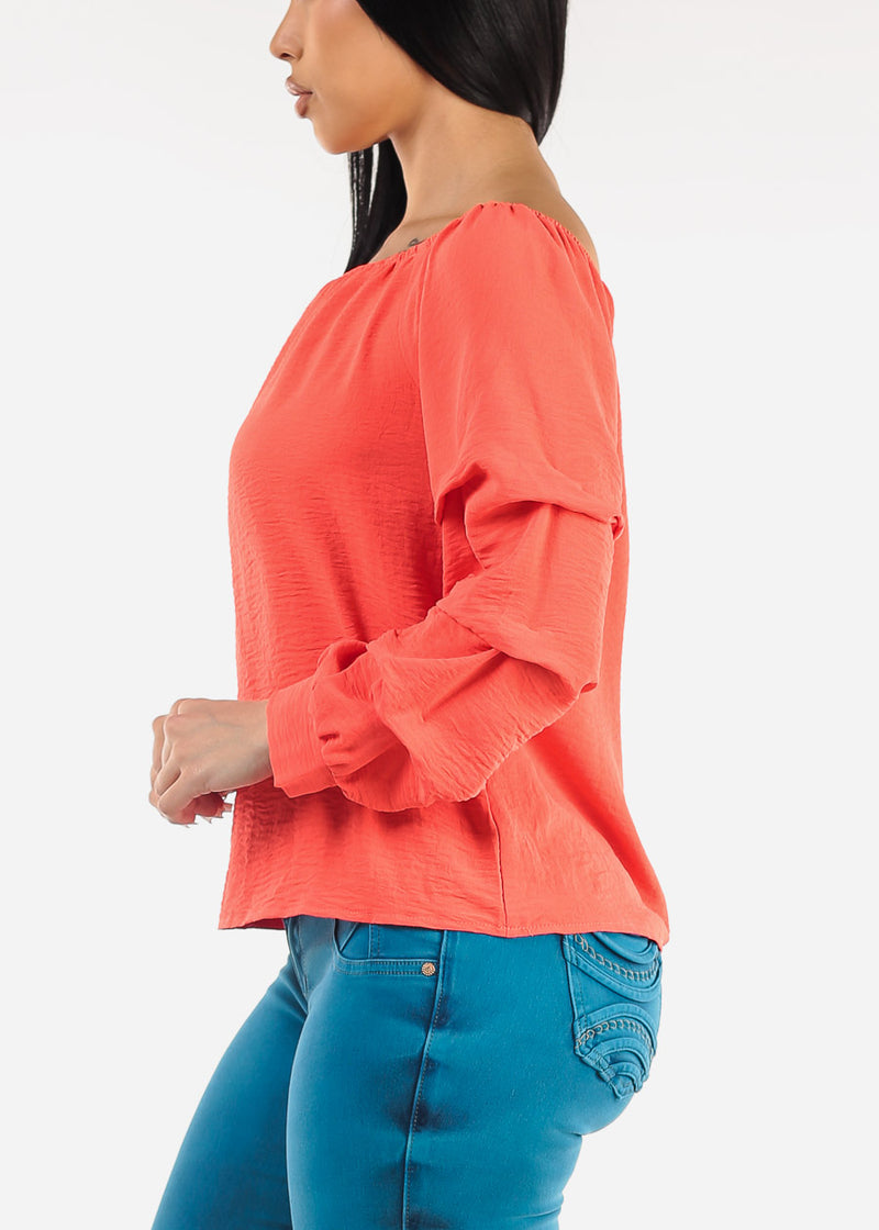 Off Shoulder Long Sleeve Top Coral
