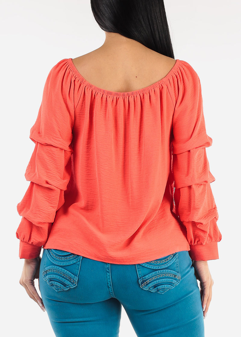 Off Shoulder Long Sleeve Top Coral