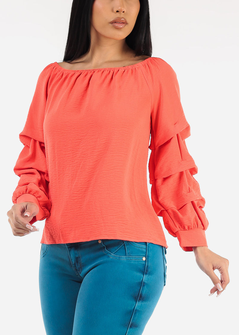 Off Shoulder Long Sleeve Top Coral