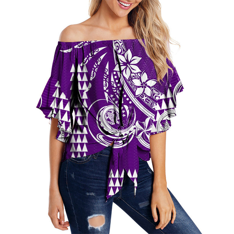 Kakau Hawaiian Polynesian Off Shoulder Waist Wrap Top Purple LT6